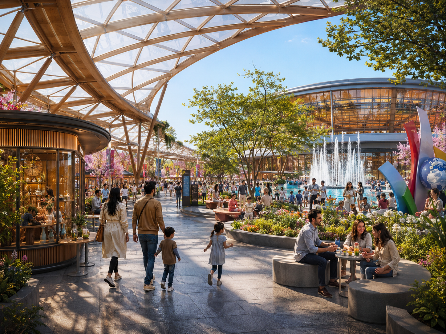 Concept illustration of a welcoming, human-scale Coquitlam Worldwalk with cafés, greenery and public gathering spaces